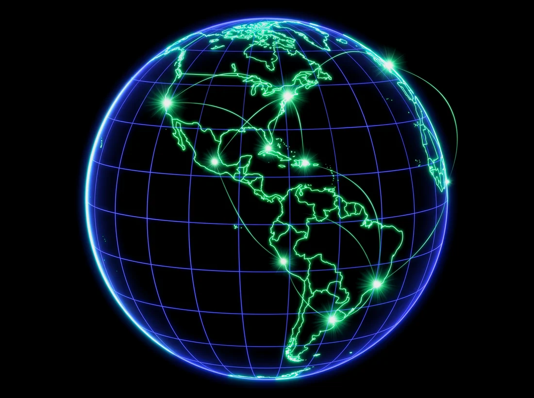 Globo terráqueo dibujado en líneas luminosas, con nodos encendidos en América y el Caribe